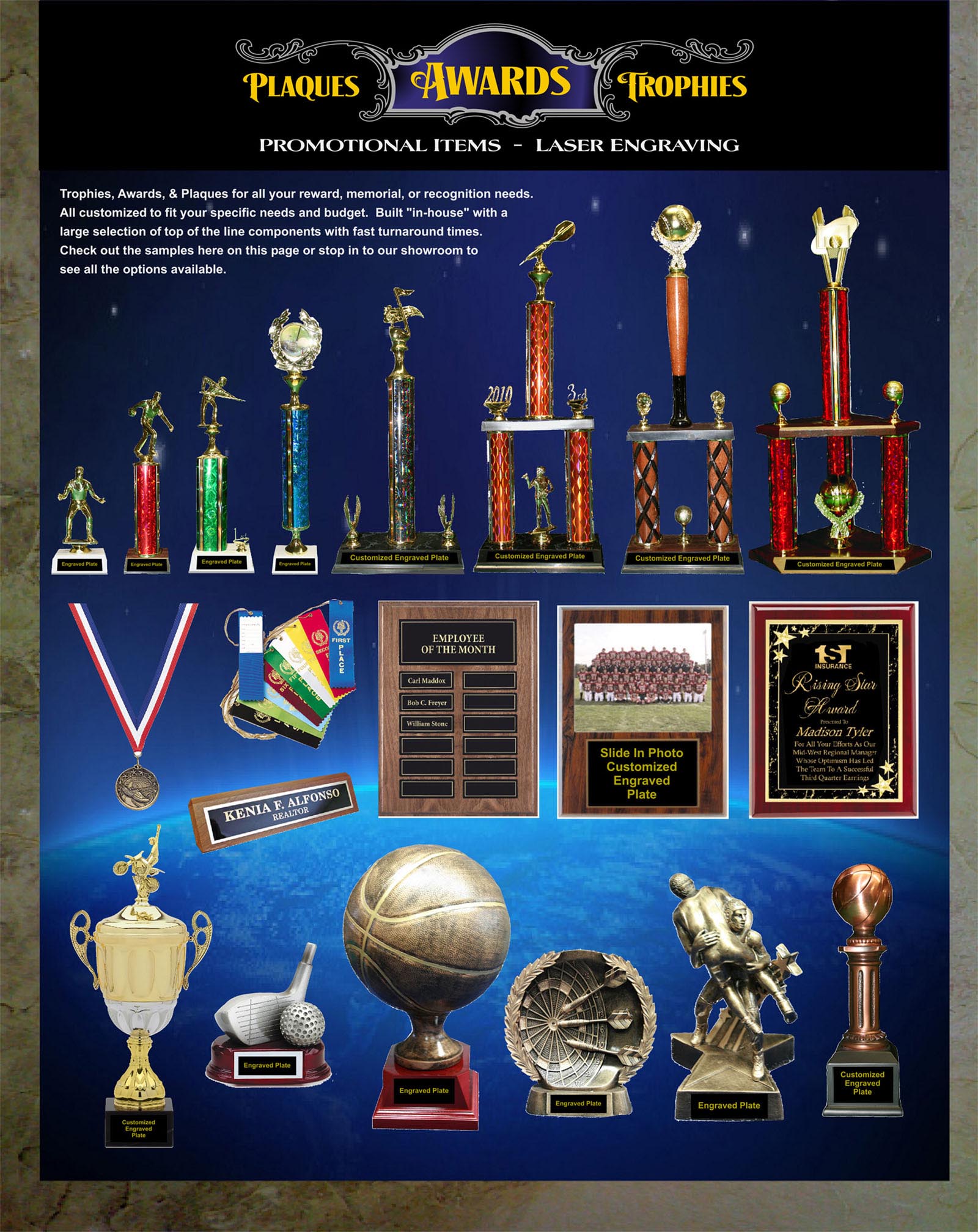 Plaques - Awards - Trophies - Promotional Items and Laser Engraving.  Check out our newest division! Trophies, Awards, and Plaques for all your reward, memorial, or recognition needs.  all customized to fit your specific needs and budget.  Built "in-house" with a large selection of top of the line components with fast turnaround times. Awards Trophies Engraving in Butternut WI Park Falls WI and Price County WI  