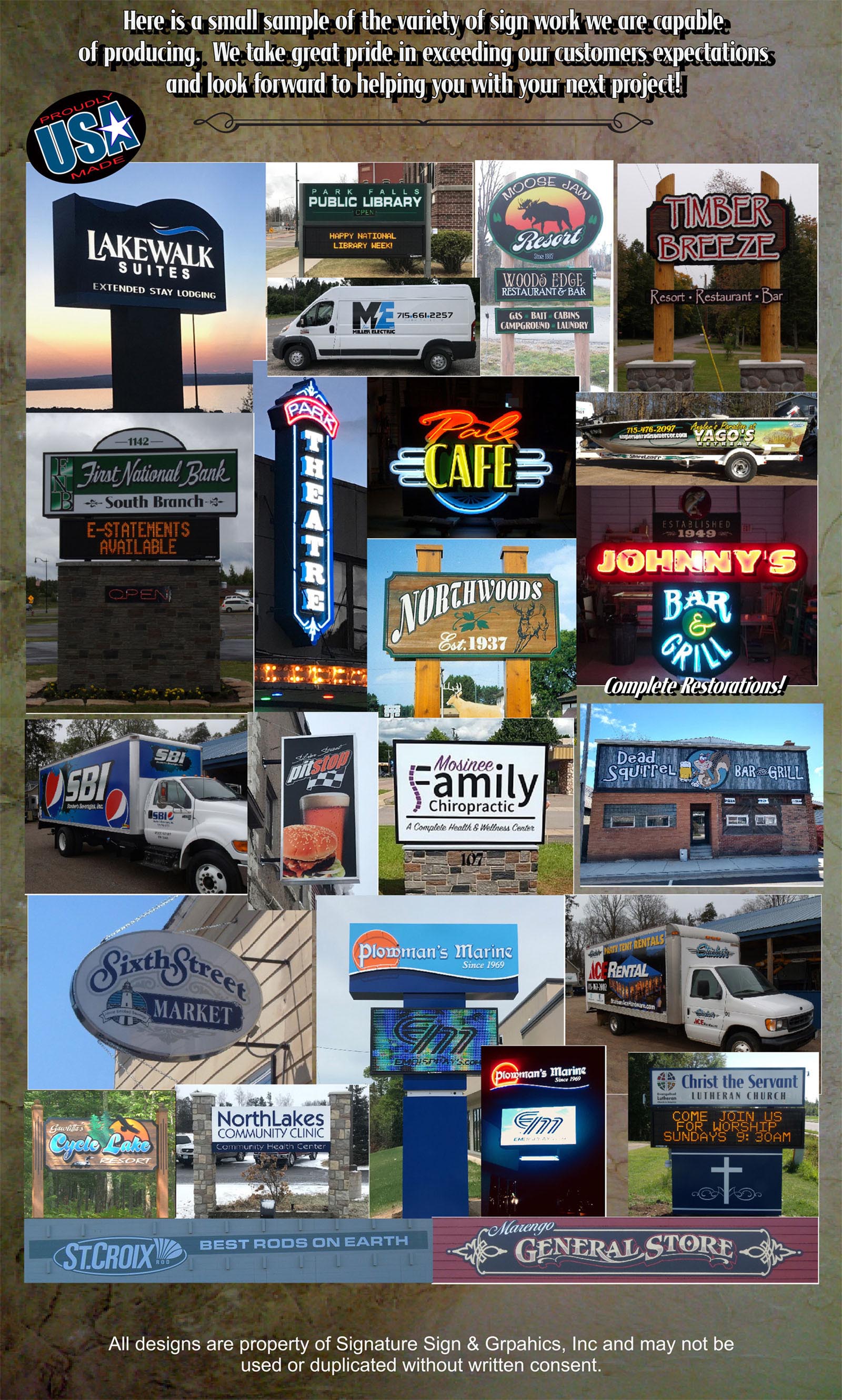 Custom signs. Signage. Sign repair. Sign installation. Neop signs. LED signs. Pylon signs. Backlit signs. Backlit cabinet signs. Sandblasted signs. Routed signs. Carved signs, panel signs, sign extrusion, plastic face signs, painted signs, flourescent signs, HDU signs, plastic letters, metal letters. Formed plastic letter, banner, billboards, road arrows, vehicle graphics, post and panel signs, site surveys, commercial signs.